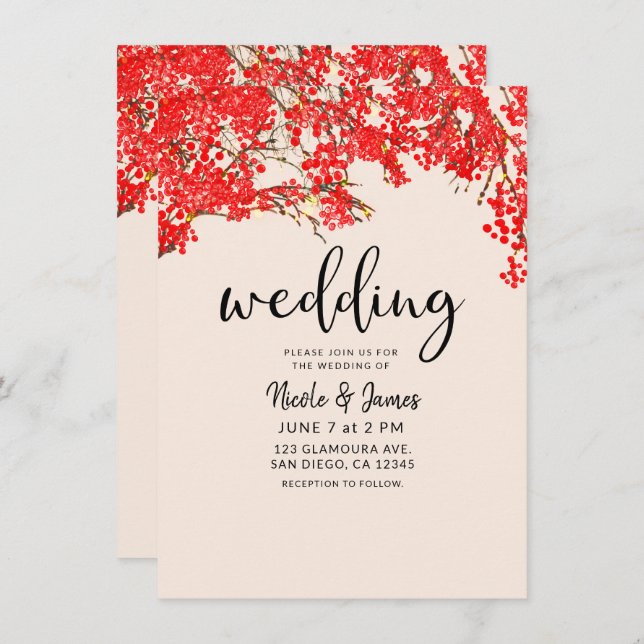 Rustic Red Berries Berry Tree Branches Wedding Invitation (Front/Back)