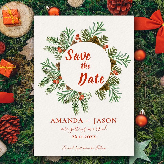 Rustic Red Berries Christmas Wedding Save the Date Postcard (Rustic Red Berries Christmas Wedding Save the Date Postcard)