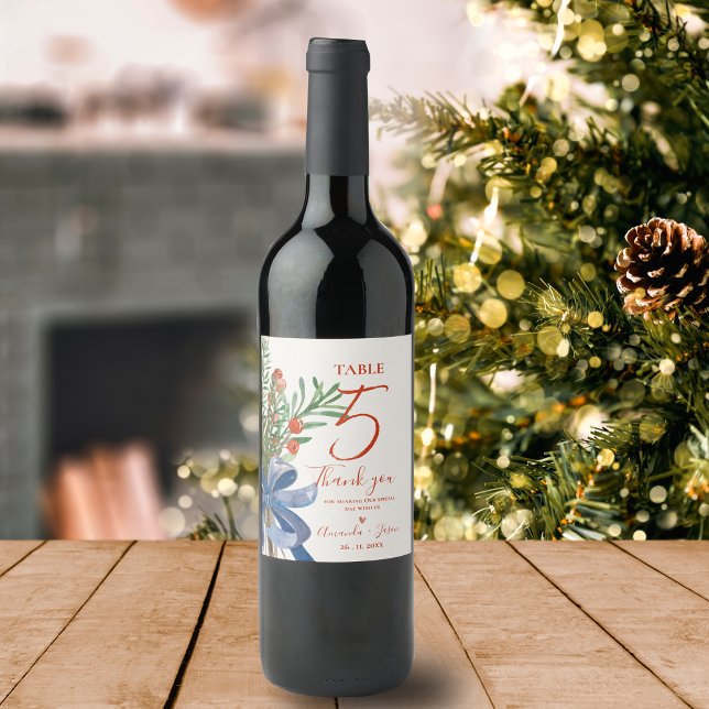 Rustic Red Berries Christmas Wedding Table Number Wine Label (Rustic Red Berries Christmas Wedding Table Number Wine Label)