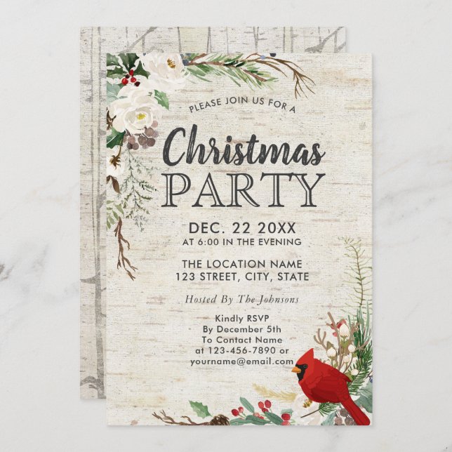 Rustic Red Bird Winter Greenery Birch Party Invitation (Front/Back)