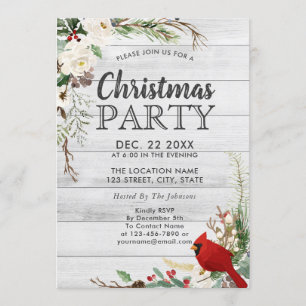 Rustic Red Bird Winter Greenery Wood Holiday Party Invitation