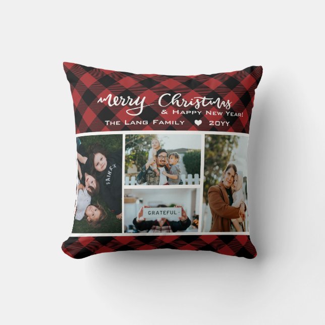 Rustic Red Black Buffalo Check Christmas Collage Cushion (Front)