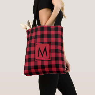 Rustic Red Black Buffalo Check Pattern Monogram Tote Bag
