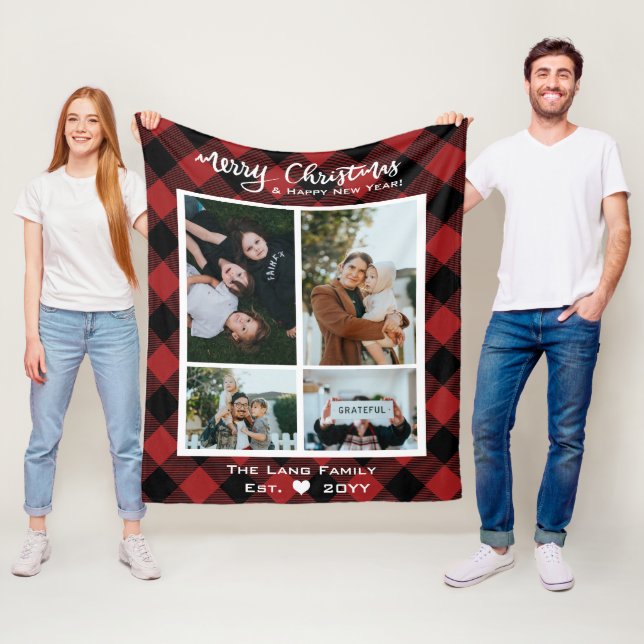 Rustic Red Black Buffalo Merry Christmas Photo Fleece Blanket (In Situ)