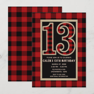 Rustic Red Black Buffalo Plaid 13th 13 Birthday Invitation