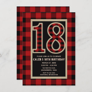 Rustic Red Black Buffalo Plaid 18th 18 Birthday Invitation