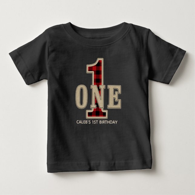 Rustic Red Black Buffalo Plaid 1st Birthday Party Baby T-Shirt (Front)