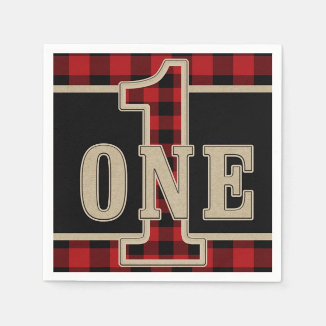 Rustic Red Black Buffalo Plaid 1st Birthday Party Napkin (Front)
