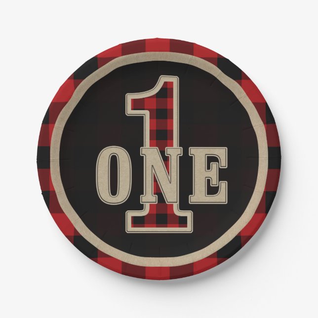 Rustic Red Black Buffalo Plaid 1st Birthday Party Paper Plate (Front)
