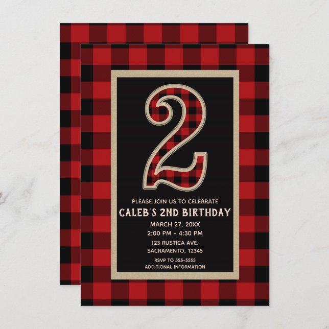 Rustic Red Black Buffalo Plaid 2nd Birthday Party Invitation (Front/Back)