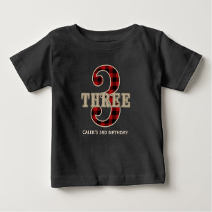 Rustic Red Black Buffalo Plaid 3rd Birthday Party Baby T-Shirt