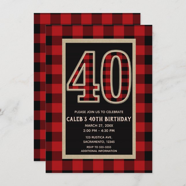Rustic Red Black Buffalo Plaid 40th 40 Birthday Invitation (Front/Back)