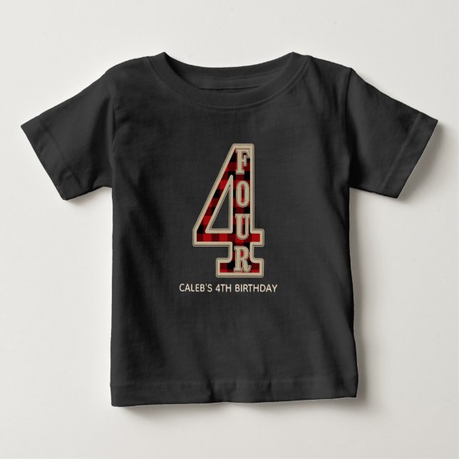 Rustic Red Black Buffalo Plaid 4th Birthday Party Baby T-Shirt (Front)