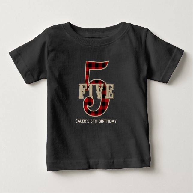 Rustic Red Black Buffalo Plaid 5th Birthday Party Baby T-Shirt (Front)