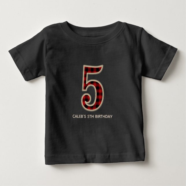 Rustic Red Black Buffalo Plaid 5TH Birthday Party Baby T-Shirt (Front)