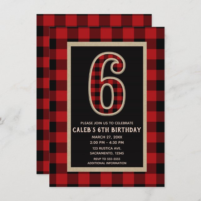 Rustic Red Black Buffalo Plaid 6th Birthday Party Invitation (Front/Back)