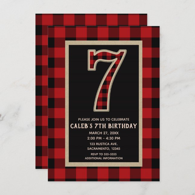 Rustic Red Black Buffalo Plaid 7th Birthday Party Invitation (Front/Back)
