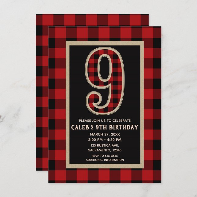 Rustic Red Black Buffalo Plaid 9th Birthday Party Invitation (Front/Back)