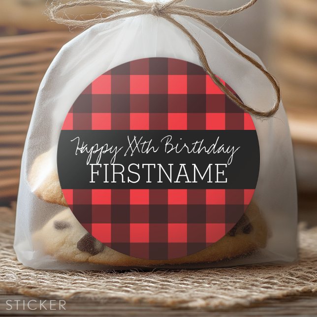 Rustic Red & Black Buffalo Plaid Birthday Party Classic Round Sticker (Custom Sticker)