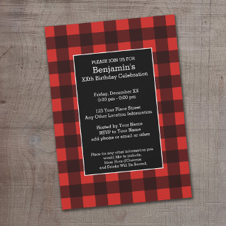 Rustic Red & Black Buffalo Plaid Birthday Party Invitation