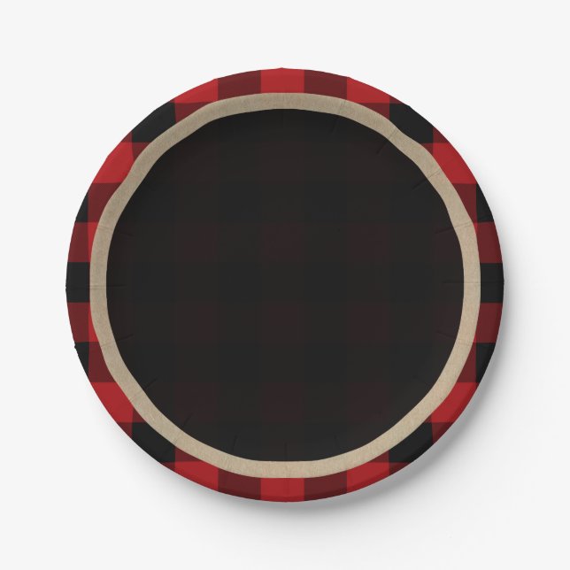 Rustic Red Black Buffalo Plaid Birthday Party Paper Plate (Front)