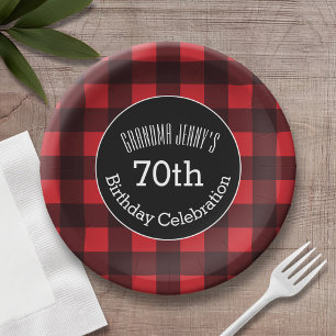 Rustic Red & Black Buffalo Plaid Birthday Party Paper Plate