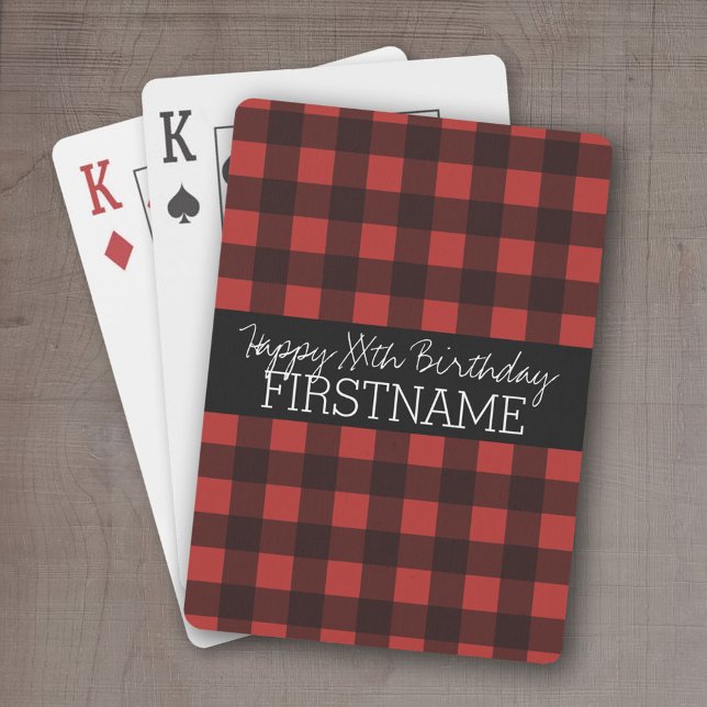 Rustic Red & Black Buffalo Plaid Birthday Party Playing Cards (Personalized playing cards - Fun Birthday Design)