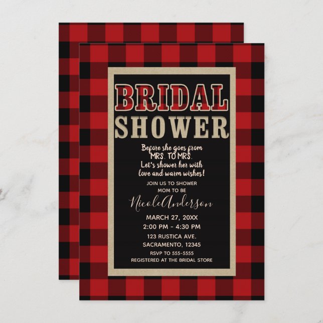 Rustic Red Black Buffalo Plaid Bridal Shower Invitation (Front/Back)