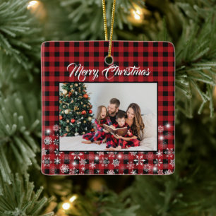 Rustic Red Black Buffalo Plaid Family Photo  Ceramic Ornament