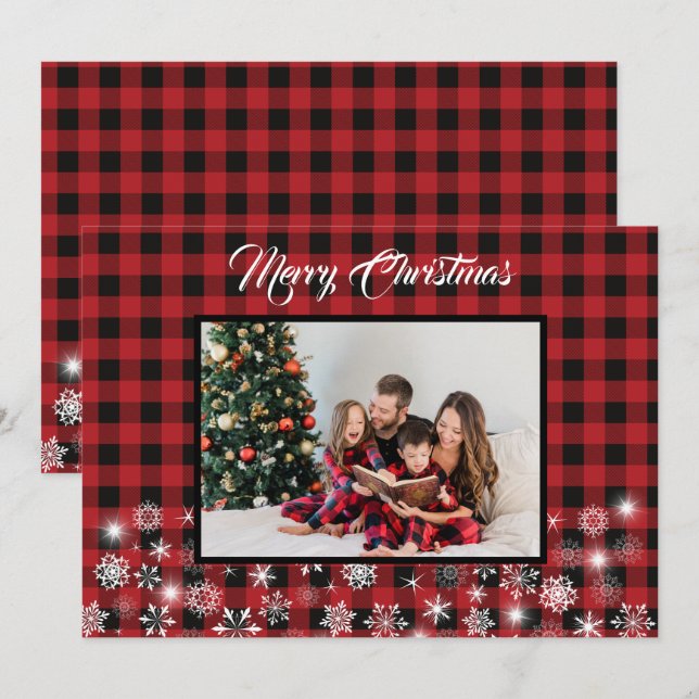Rustic Red Black Buffalo Plaid Family Photo  Holiday Card (Front/Back)