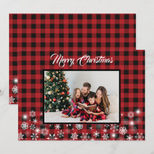 Rustic Red Black Buffalo Plaid Family Photo Holiday Card