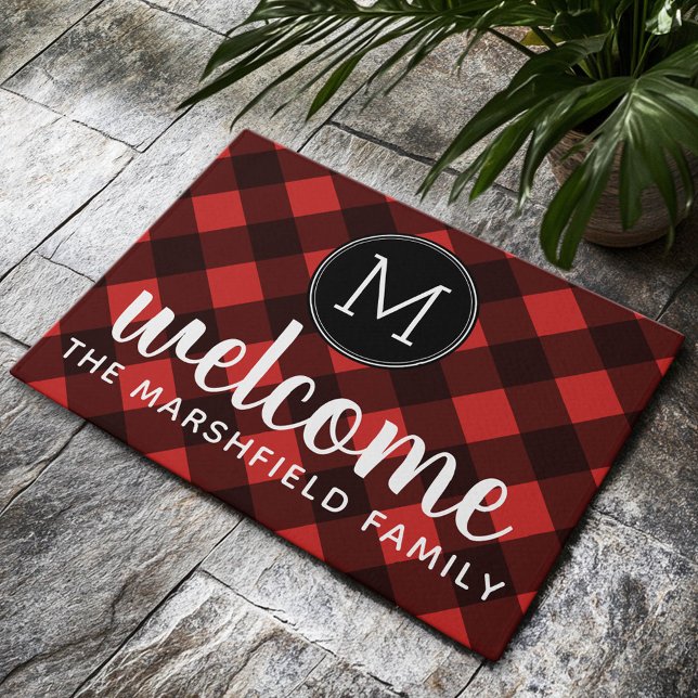 Rustic Red & Black Buffalo Plaid Family Welcome Doormat (Custom Welcome Mat)