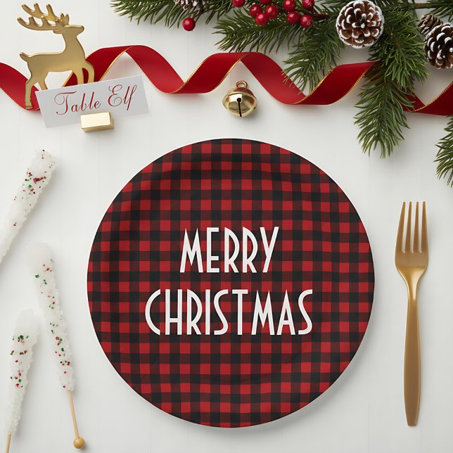 Rustic Red & Black Buffalo Plaid Merry Christmas Paper Plate (Creator Uploaded)