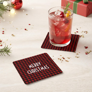 Rustic Red & Black Buffalo Plaid Merry Christmas Square Paper Coaster