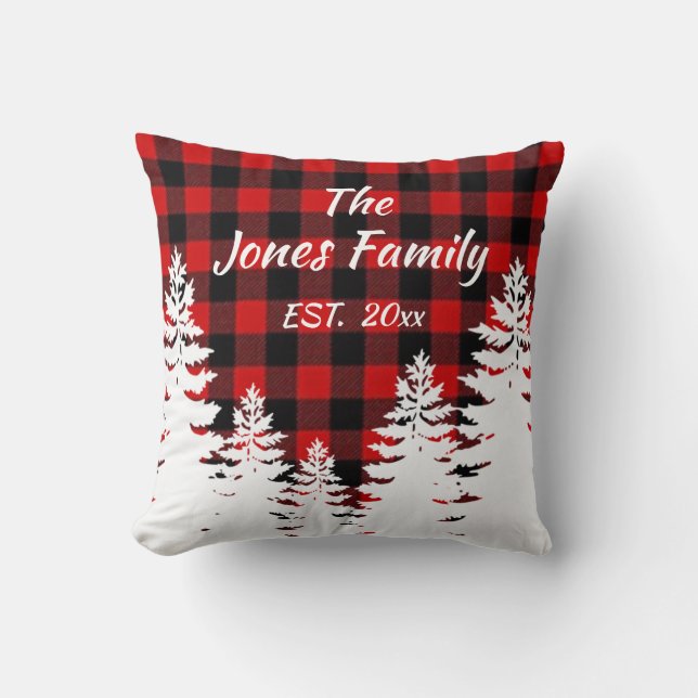 Rustic red black buffalo plaid, minimalist trees cushion (Front)