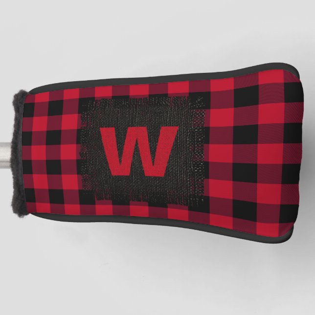 Rustic Red Black Buffalo Plaid Monogram Initial Golf Head Cover (Front)