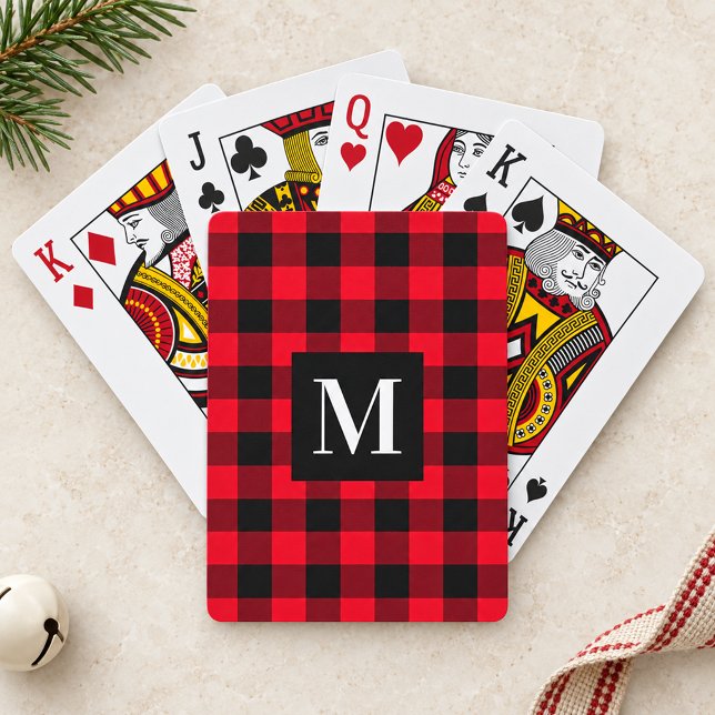 Rustic Red Black Buffalo Plaid Monogram Playing Cards (Creator Uploaded)