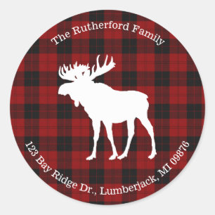 Rustic Red Black Buffalo Plaid   Moose Address Classic Round Sticker