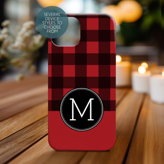 Rustic Red & Black Buffalo Plaid Pattern Monogram (Personalized Phone Case with Monogram)