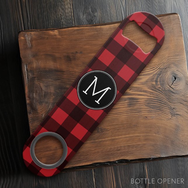 Rustic Red & Black Buffalo Plaid Pattern Monogram (Custom Bar Key)