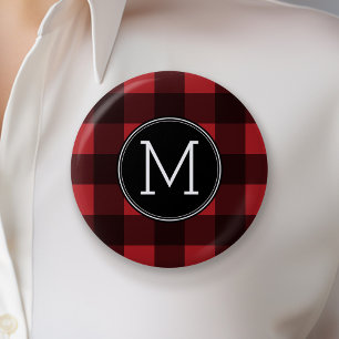 Rustic Red & Black Buffalo Plaid Pattern Monogram 6 Cm Round Badge