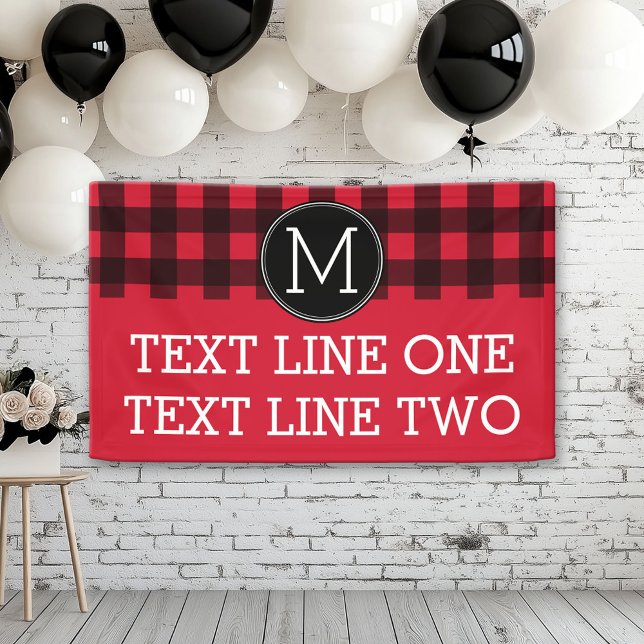 Rustic Red & Black Buffalo Plaid Pattern Monogram Banner (Custom Banner with Text - Red and Black)