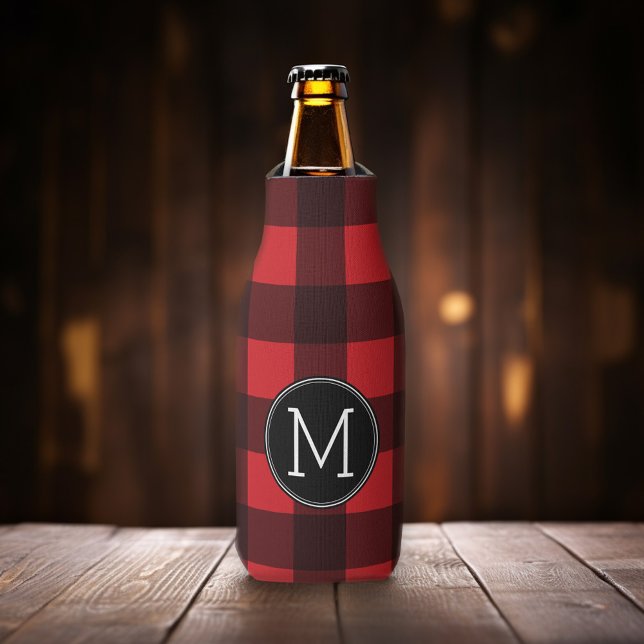 Rustic Red Black Buffalo Plaid Pattern Monogram Bottle Cooler (Personalize this red and black buffalo plaid bottle cooler with your monogram.)
