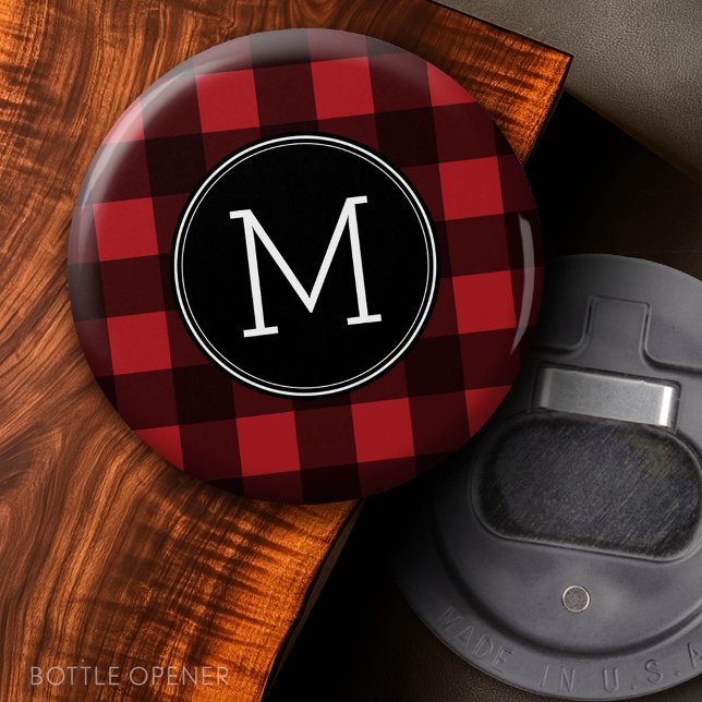 Rustic Red & Black Buffalo Plaid Pattern Monogram Bottle Opener (Button Bottle Opener)