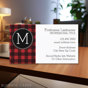 Rustic Red & Black Buffalo Plaid Pattern Monogram Business Card