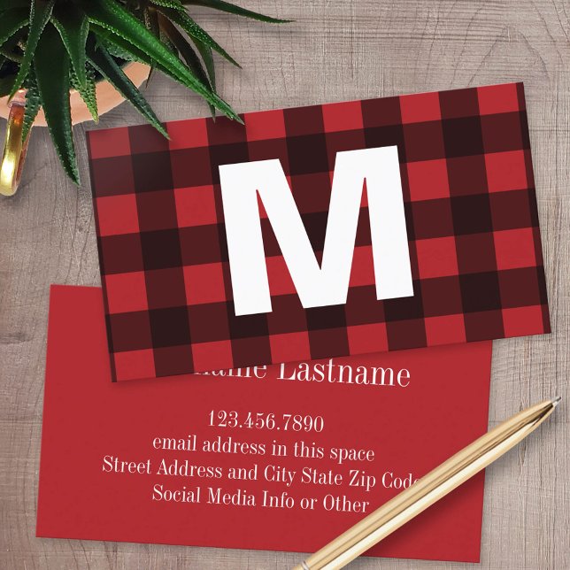 Rustic Red & Black Buffalo Plaid Pattern Monogram Calling Card (Custom Business Card)