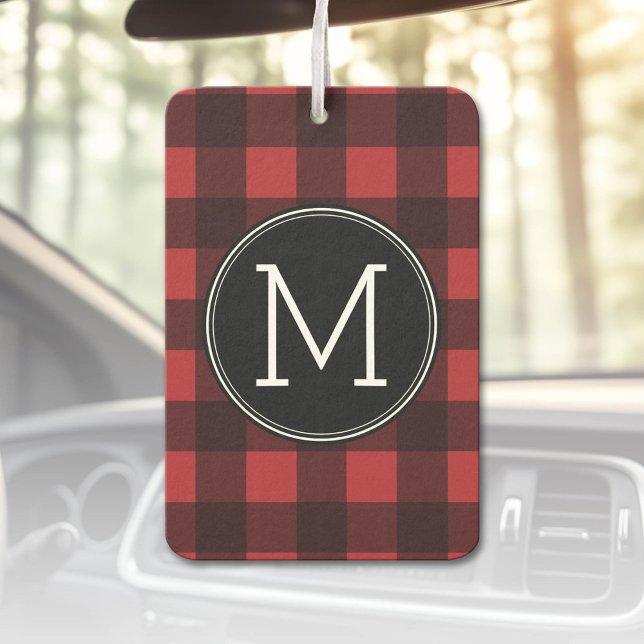 Rustic Red & Black Buffalo Plaid Pattern Monogram Car Air Freshener (Custom Air Freshener)