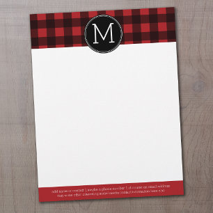 Rustic Red & Black Buffalo Plaid Pattern Monogram Customized Letterhead
