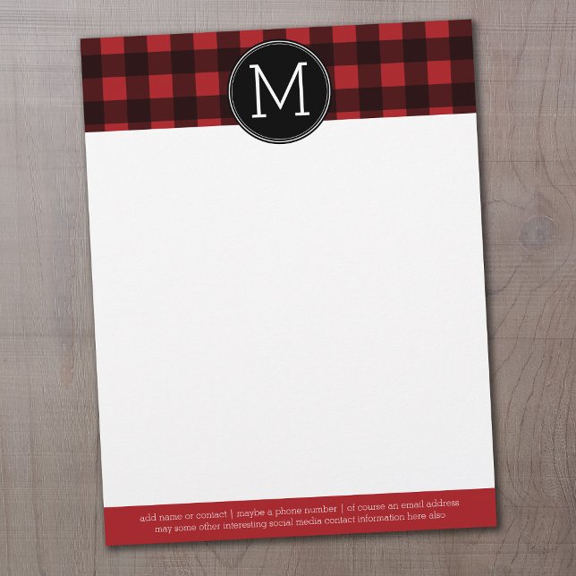 Rustic Red & Black Buffalo Plaid Pattern Monogram Customized Letterhead (Creator Uploaded)