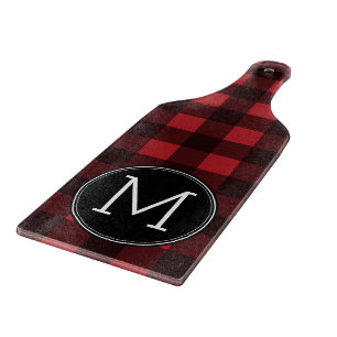 Rustic Red & Black Buffalo Plaid Pattern Monogram Cutting Board